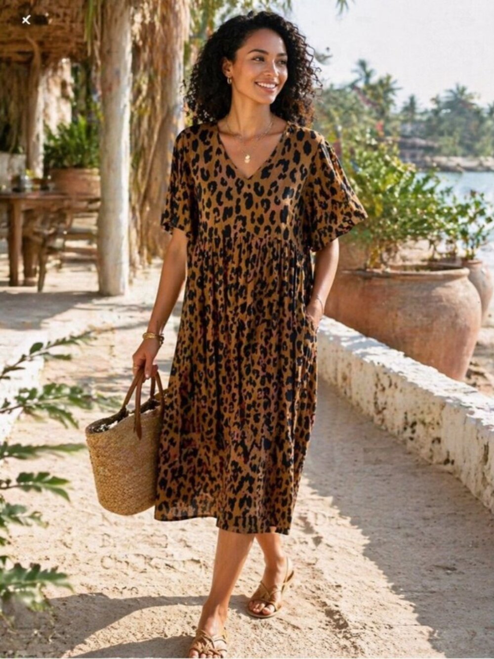 Kaffe Leopard Print Midi Dress Brown Size 38 Boho Flowy Casual Chic Resortwear